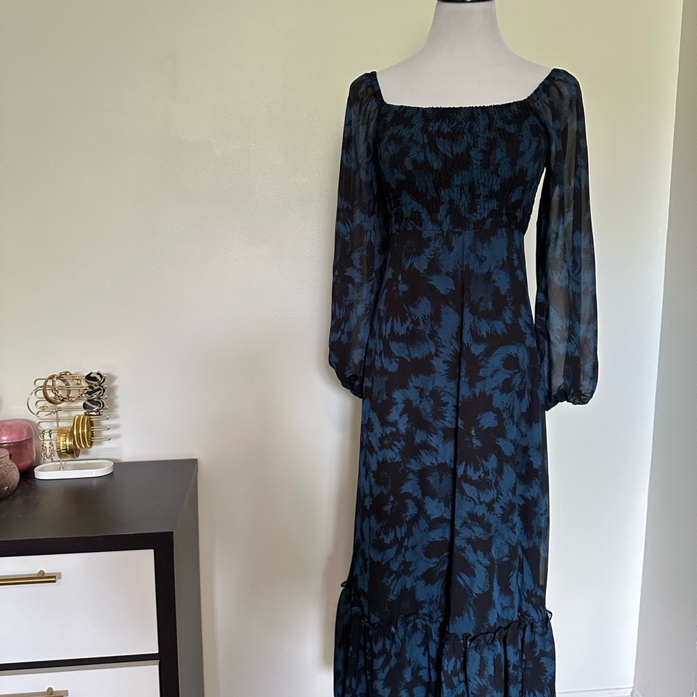 Taylor Blue and Black Ruffled Maxi Dress with Bishop Sleeves